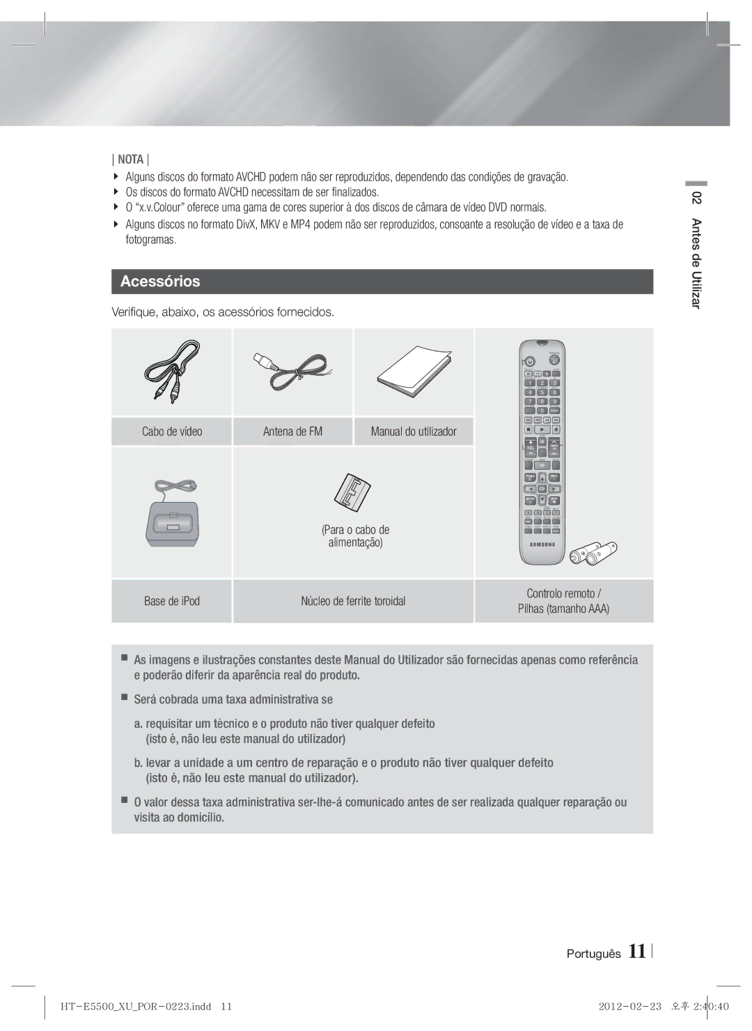 Samsung HT-E5500/ZF, HT-E5550/ZF, HT-E5530/ZF Acessórios, Verifique, abaixo, os acessórios fornecidos, Manual do utilizador 