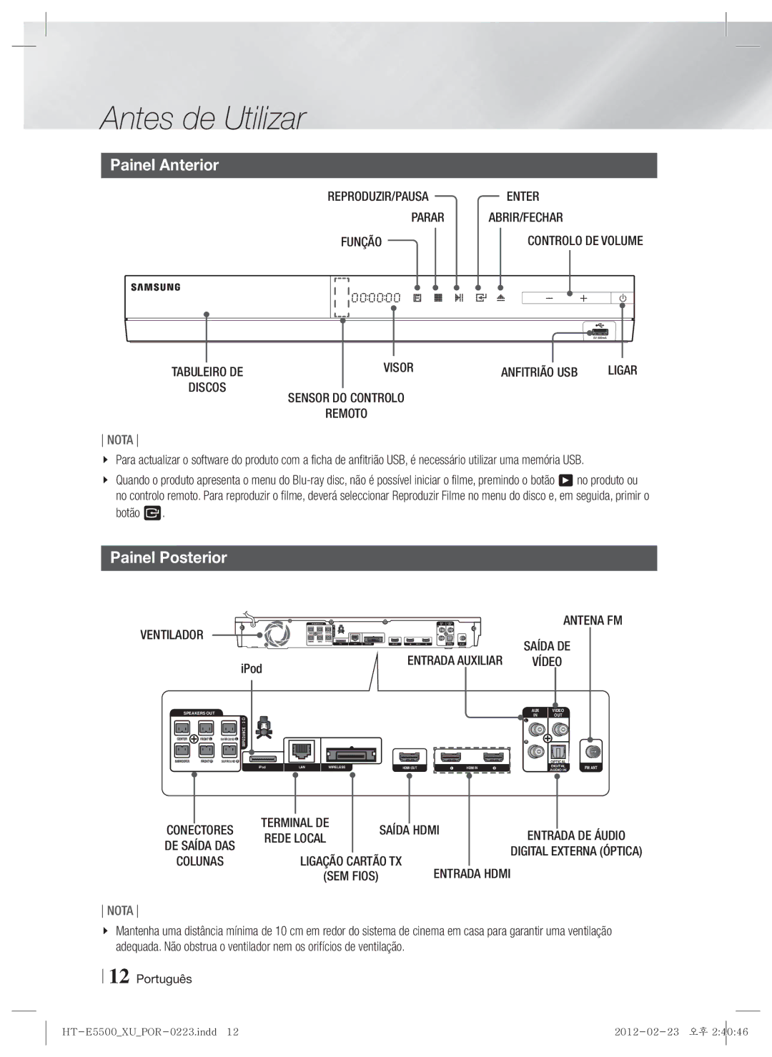 Samsung HT-E5550/ZF, HT-E5530/ZF, HT-E5500/ZF manual Painel Anterior, Painel Posterior 