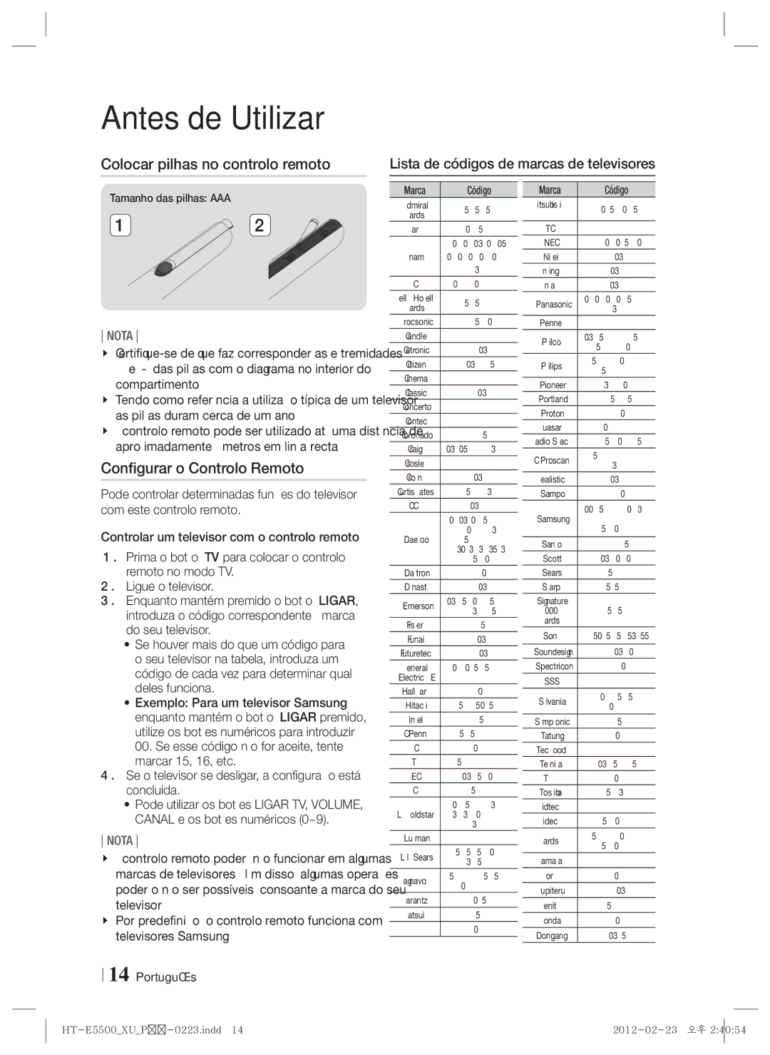 Samsung HT-E5500/ZF Colocar pilhas no controlo remoto, Configurar o Controlo Remoto, Tamanho das pilhas AAA, Marca Código 
