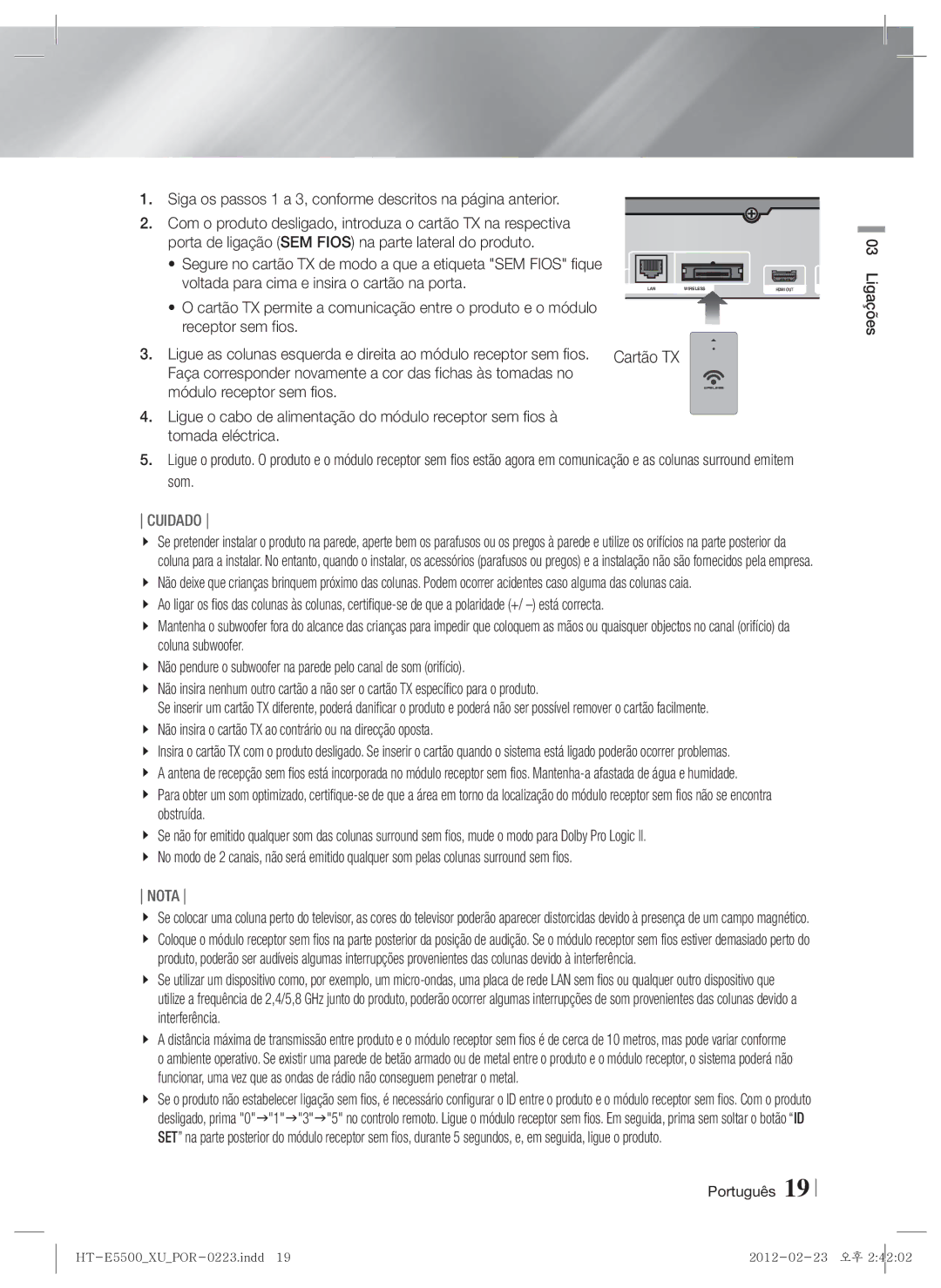 Samsung HT-E5530/ZF, HT-E5550/ZF, HT-E5500/ZF manual Siga os passos 1 a 3, conforme descritos na página anterior, Cartão TX 