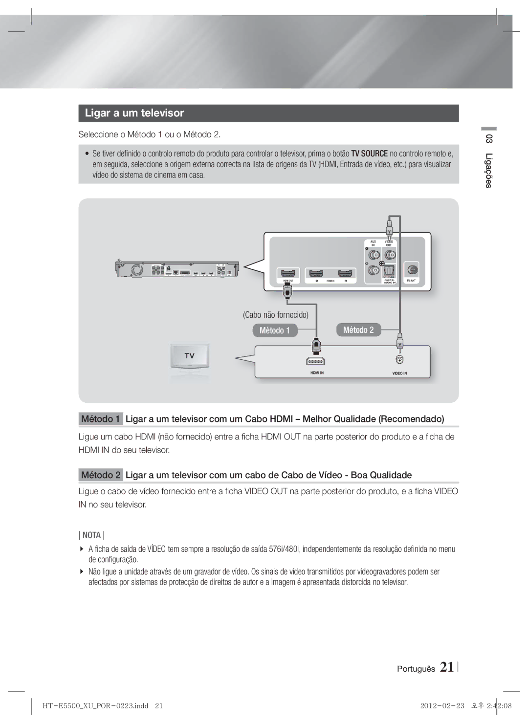 Samsung HT-E5550/ZF, HT-E5530/ZF, HT-E5500/ZF Ligar a um televisor, Seleccione o Método 1 ou o Método, Cabo não fornecido 