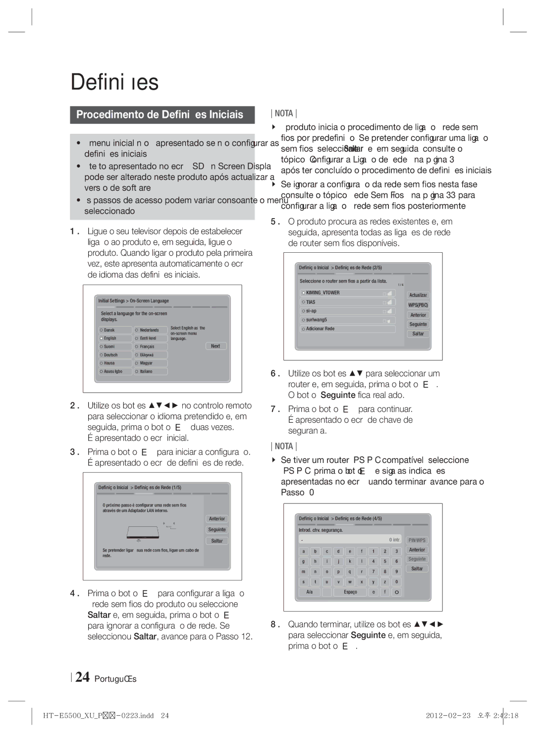 Samsung HT-E5550/ZF, HT-E5530/ZF, HT-E5500/ZF manual Procedimento de Definições Iniciais, Apresentado o ecrã inicial 