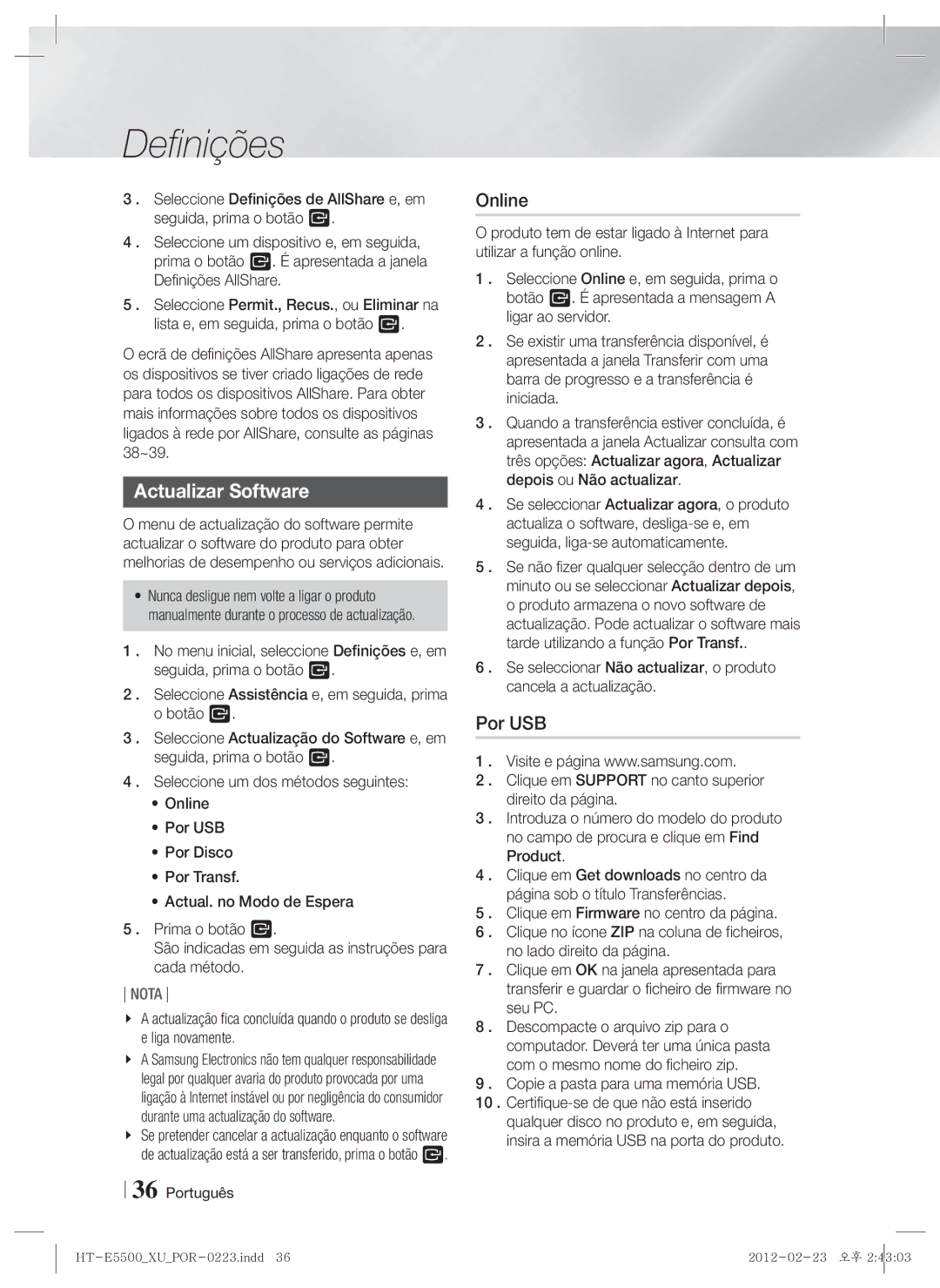 Samsung HT-E5550/ZF, HT-E5530/ZF, HT-E5500/ZF manual Actualizar Software, Online, Copie a pasta para uma memória USB 