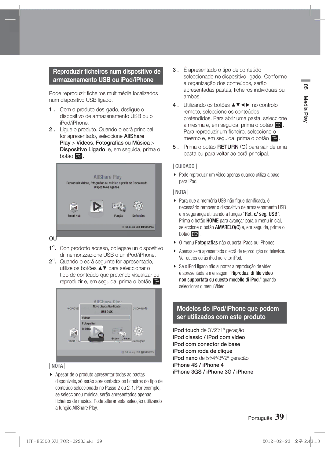 Samsung HT-E5550/ZF, HT-E5530/ZF, HT-E5500/ZF manual Menu Fotografias não suporta iPads ou iPhones, Português Media Play 