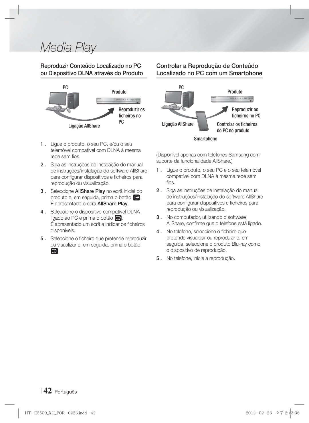 Samsung HT-E5550/ZF, HT-E5530/ZF, HT-E5500/ZF manual Produto, Do PC no produto, Reproduzir os 