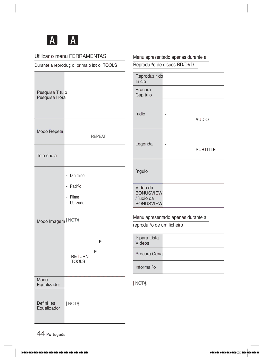 Samsung HT-E5500/ZF, HT-E5550/ZF, HT-E5530/ZF manual Utilizar o menu Ferramentas 