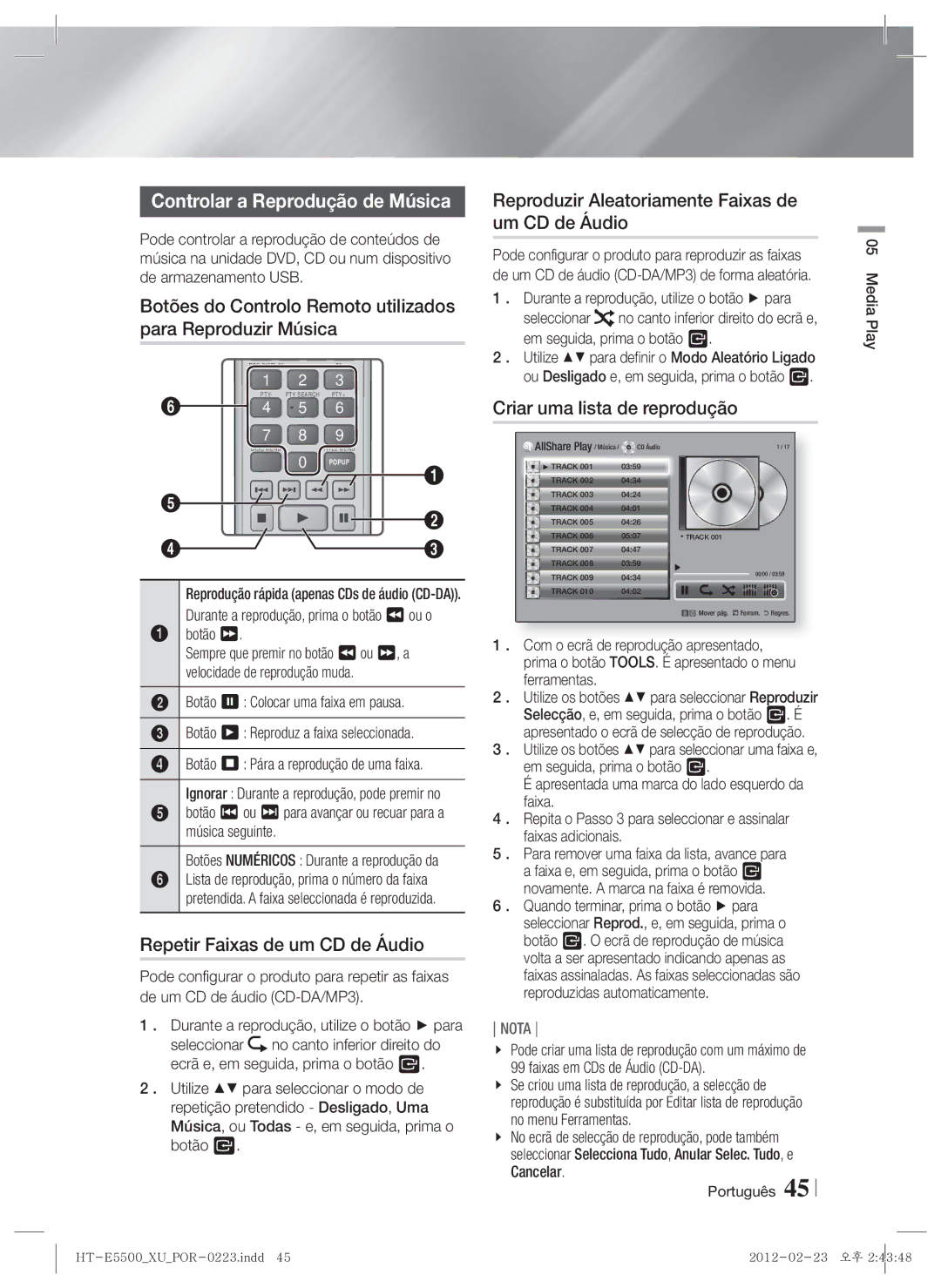 Samsung HT-E5550/ZF manual Controlar a Reprodução de Música, Botões do Controlo Remoto utilizados para Reproduzir Música 