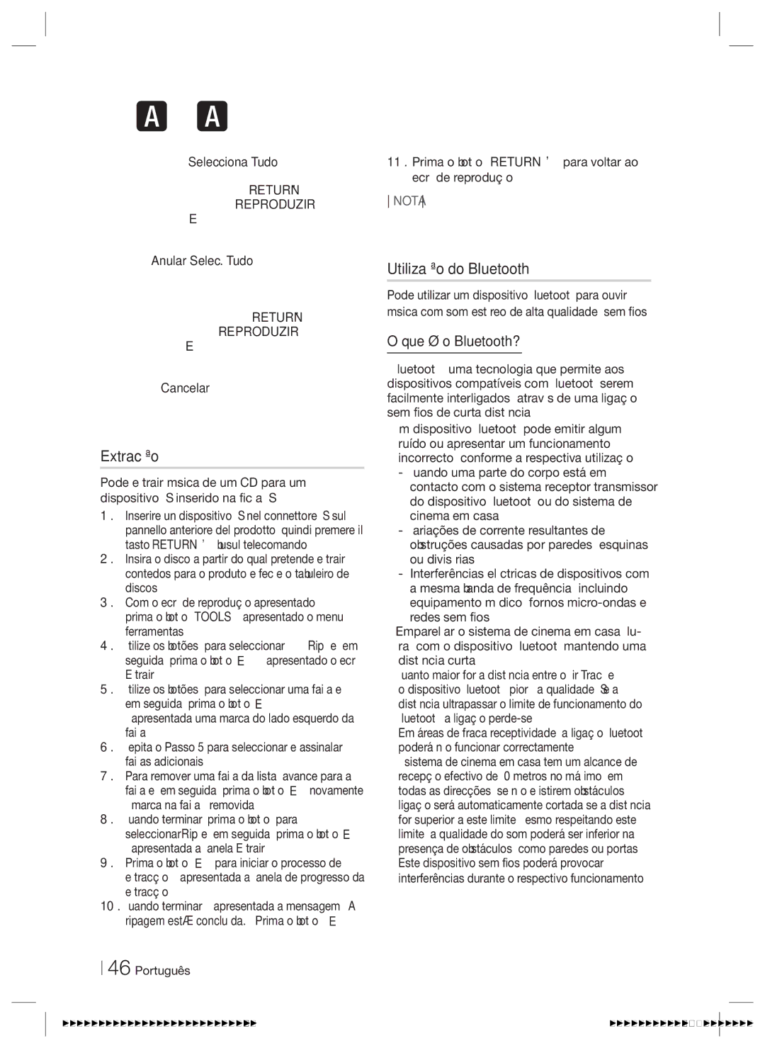 Samsung HT-E5530/ZF, HT-E5550/ZF, HT-E5500/ZF manual Extracção, Utilização do Bluetooth, Que é o Bluetooth? 