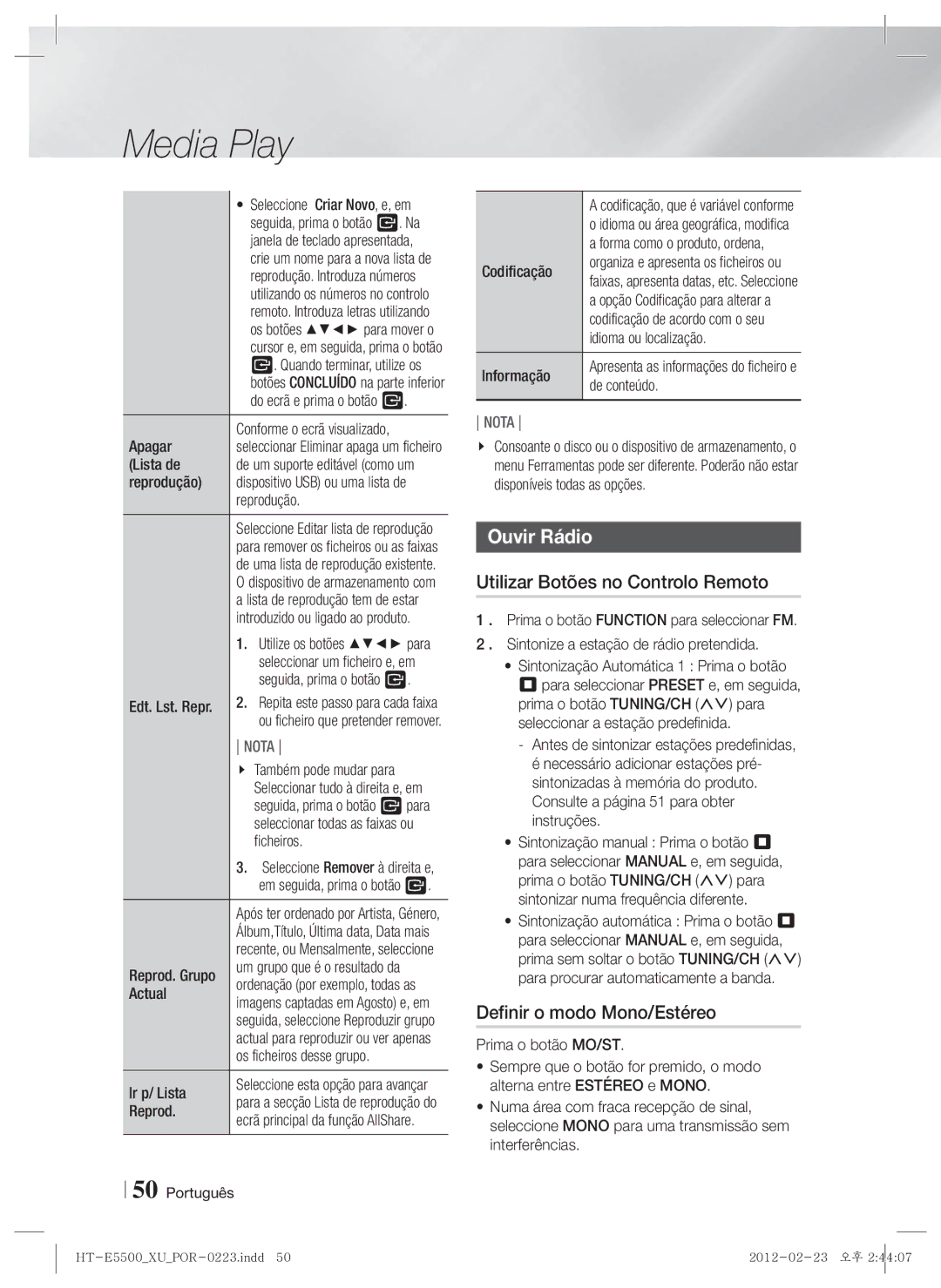 Samsung HT-E5500/ZF, HT-E5550/ZF, HT-E5530/ZF Ouvir Rádio, Utilizar Botões no Controlo Remoto, Definir o modo Mono/Estéreo 