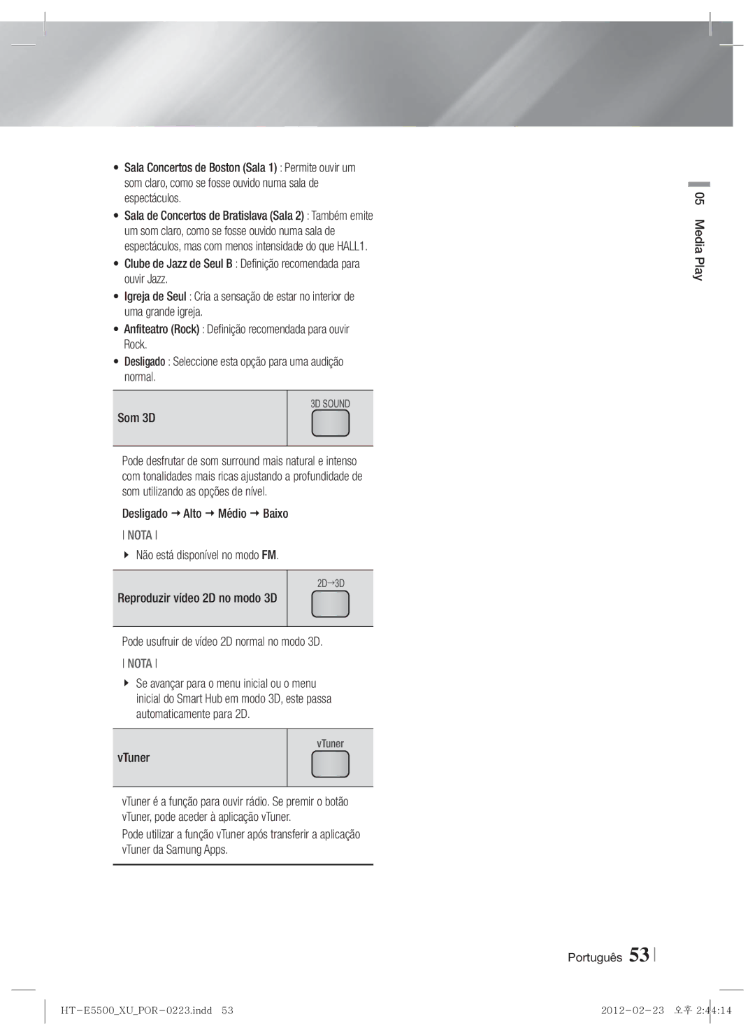 Samsung HT-E5500/ZF, HT-E5550/ZF, HT-E5530/ZF manual Desligado  Alto  Médio  Baixo, Media Play Português 