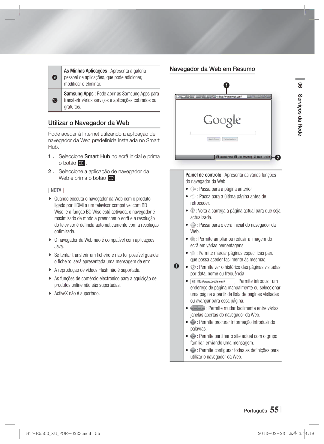 Samsung HT-E5530/ZF, HT-E5550/ZF manual Utilizar o Navegador da Web, Navegador da Web não é compatível com aplicações Java 