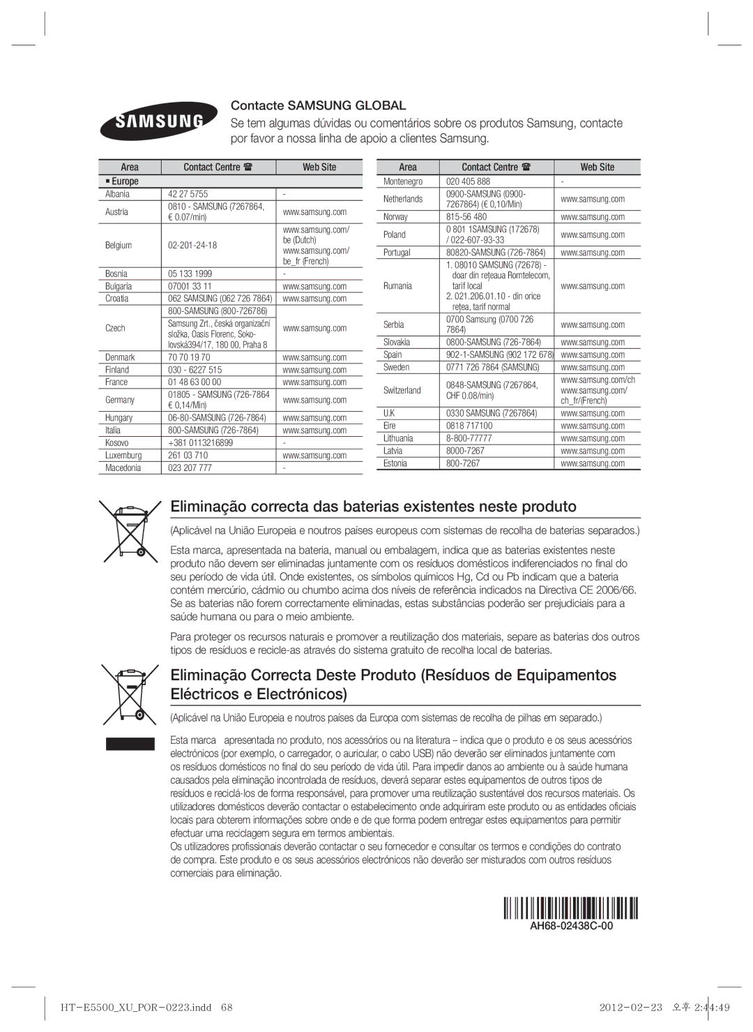 Samsung HT-E5500/ZF, HT-E5550/ZF manual Eliminação correcta das baterias existentes neste produto, Contacte Samsung Global 