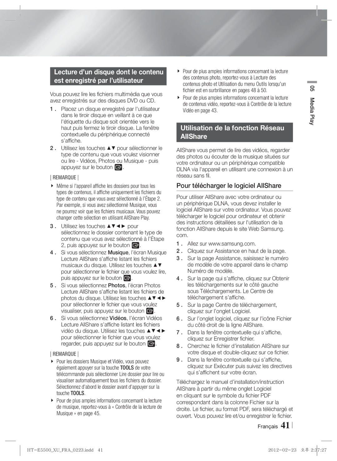 Samsung HT-E5500/ZF, HT-E5550/ZF manual Utilisation de la fonction Réseau AllShare, Pour télécharger le logiciel AllShare 