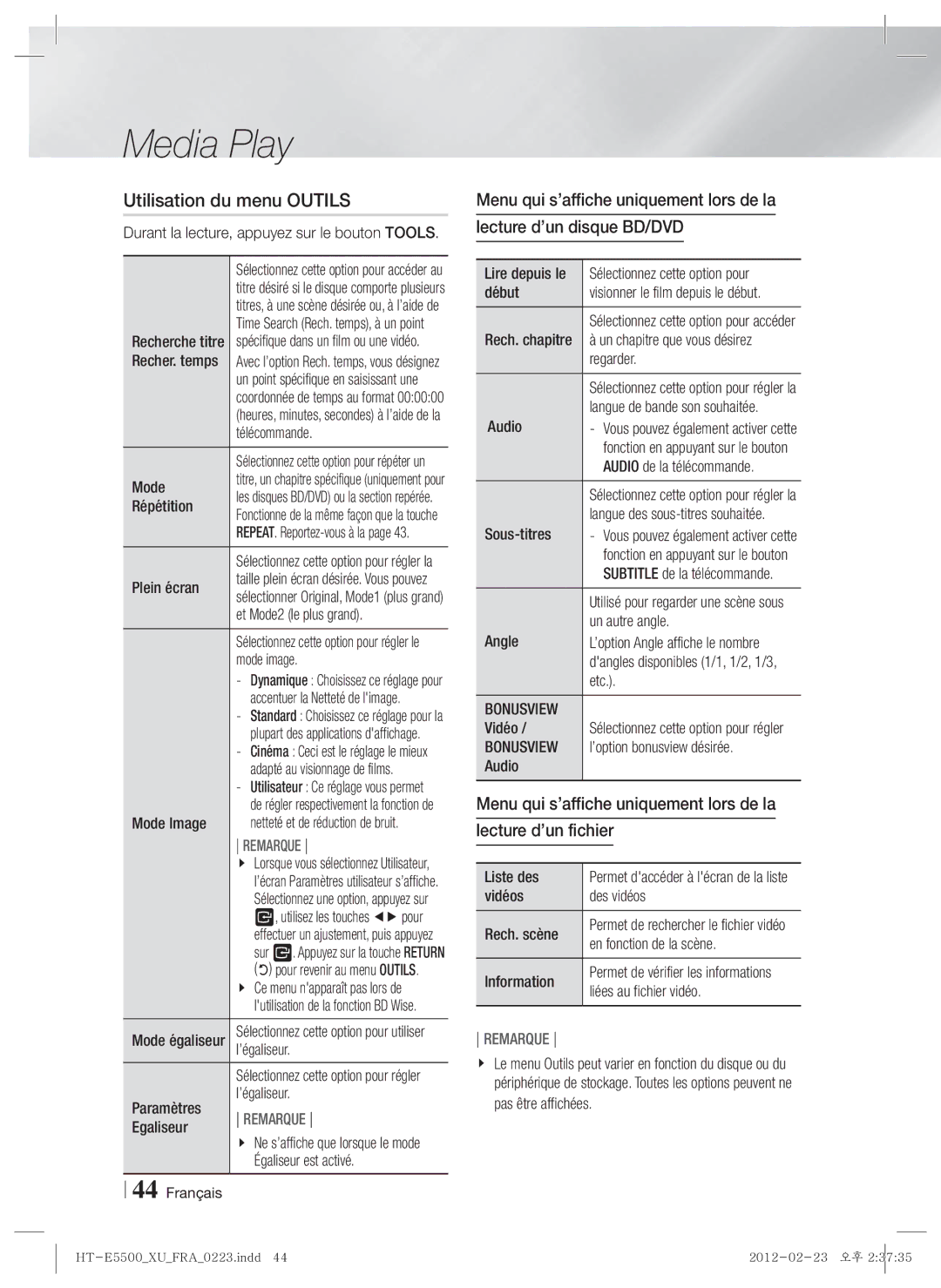 Samsung HT-E5500/ZF, HT-E5550/ZF, HT-E5530/ZF manual Utilisation du menu Outils, Bonusview 