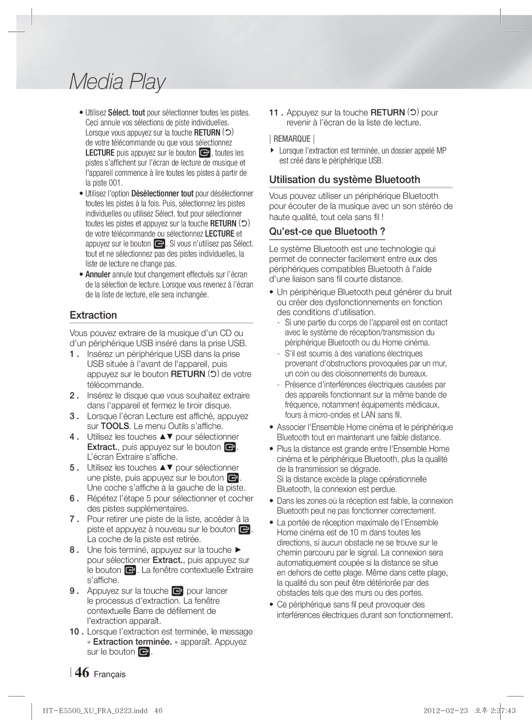 Samsung HT-E5530/ZF, HT-E5550/ZF, HT-E5500/ZF manual Extraction, Utilisation du système Bluetooth, Qu’est-ce que Bluetooth ? 