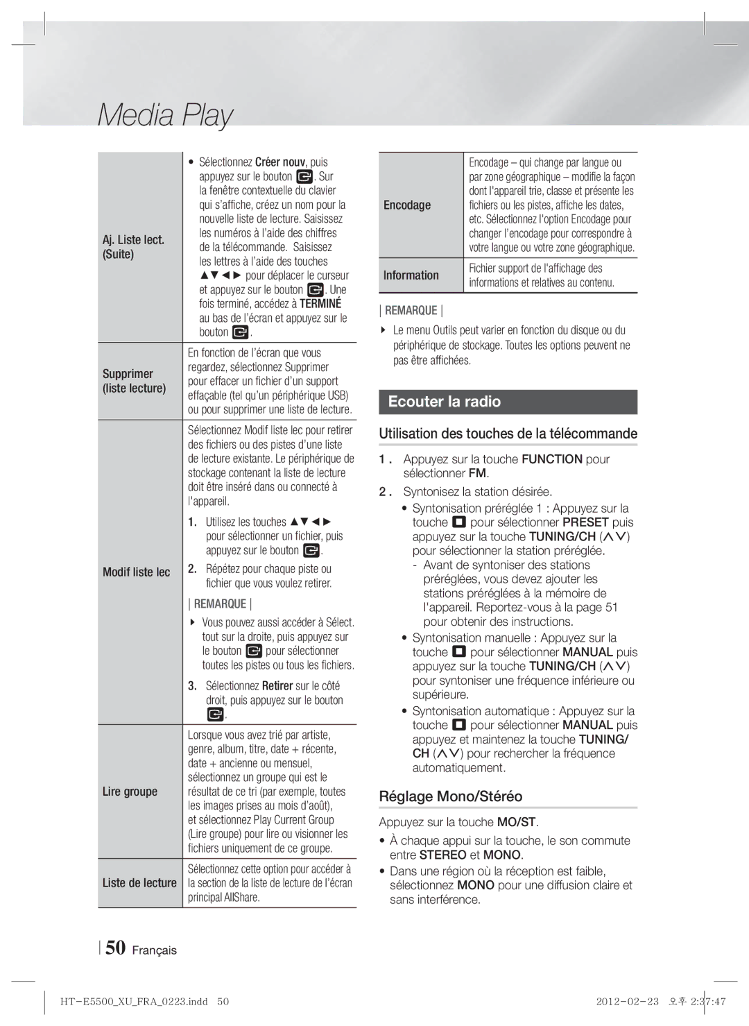 Samsung HT-E5500/ZF, HT-E5550/ZF manual Ecouter la radio, Utilisation des touches de la télécommande, Réglage Mono/Stéréo 