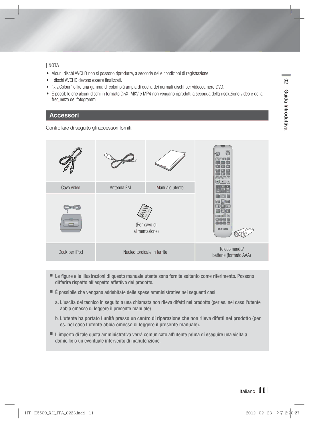 Samsung HT-E5530/ZF Accessori, Controllare di seguito gli accessori forniti, Manuale utente, Guida Introduttiva Italiano 