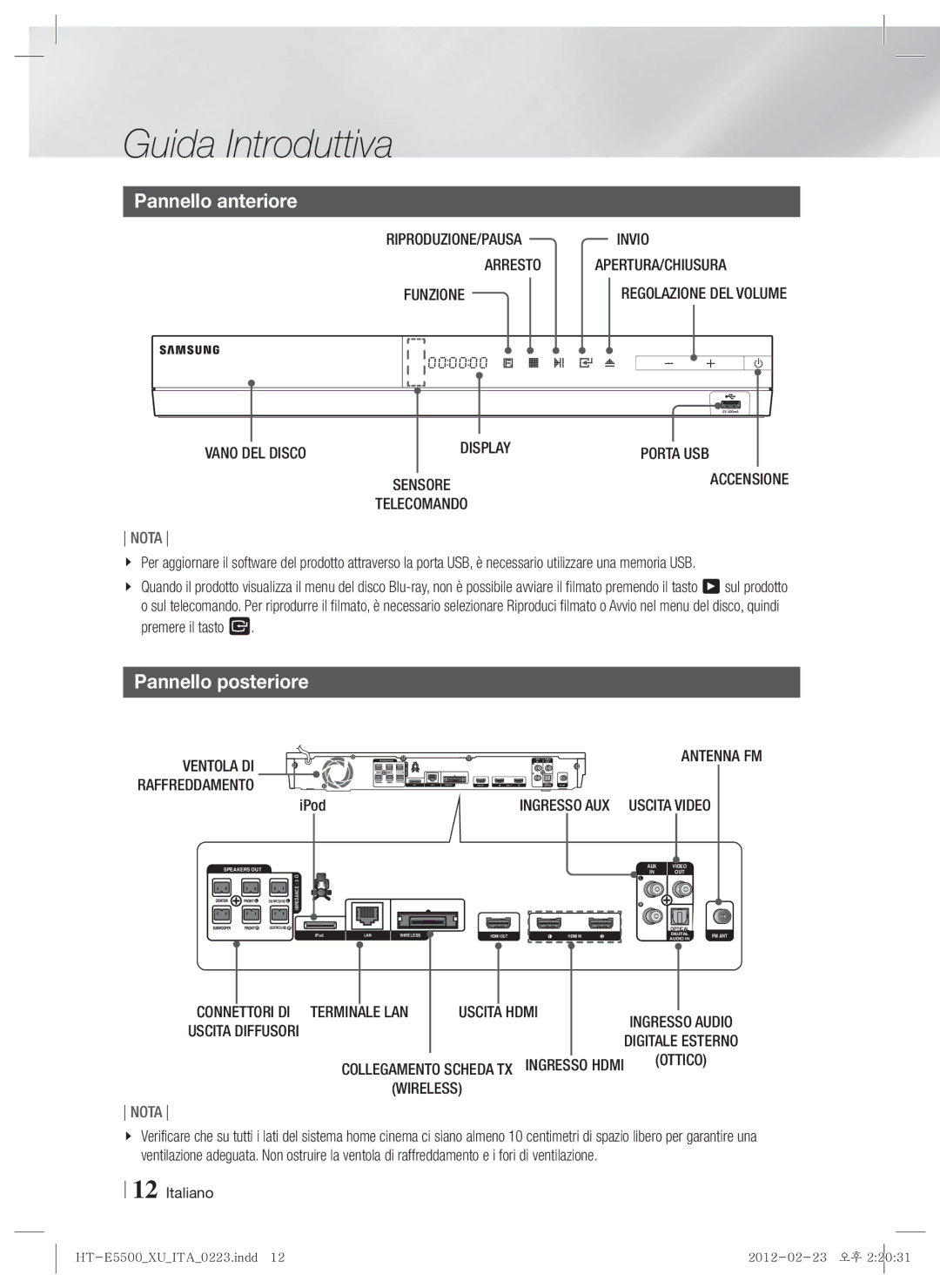 Samsung HT-E5500/ZF, HT-E5550/ZF, HT-E5530/ZF manual Pannello anteriore, Pannello posteriore 