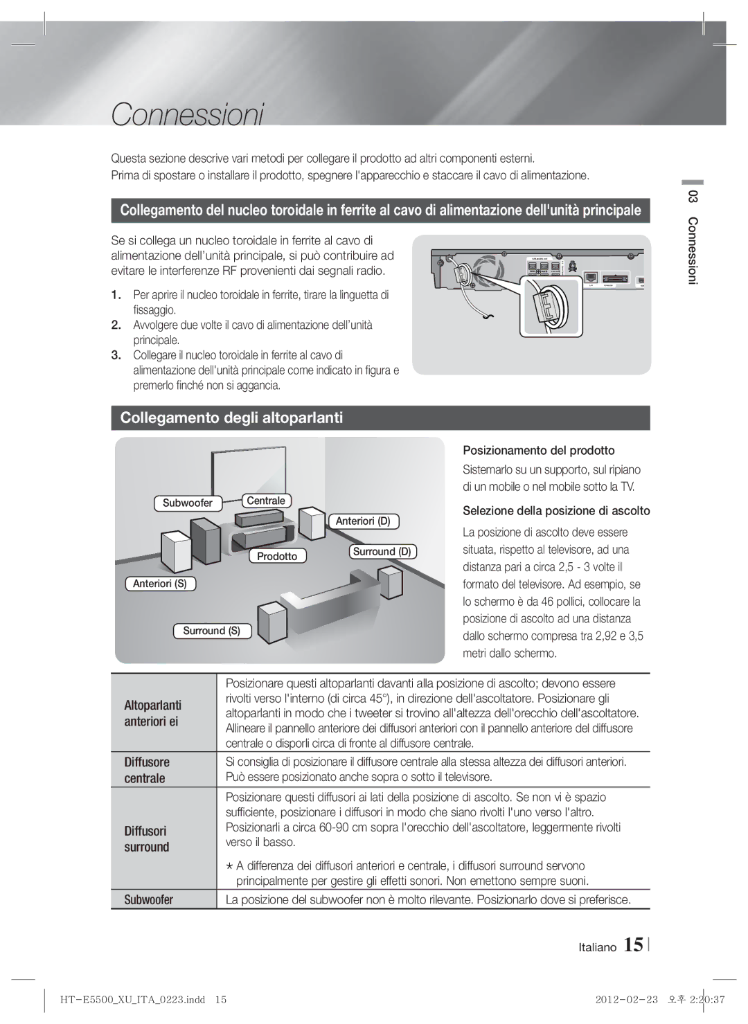 Samsung HT-E5500/ZF, HT-E5550/ZF, HT-E5530/ZF manual Connessioni, Collegamento degli altoparlanti 