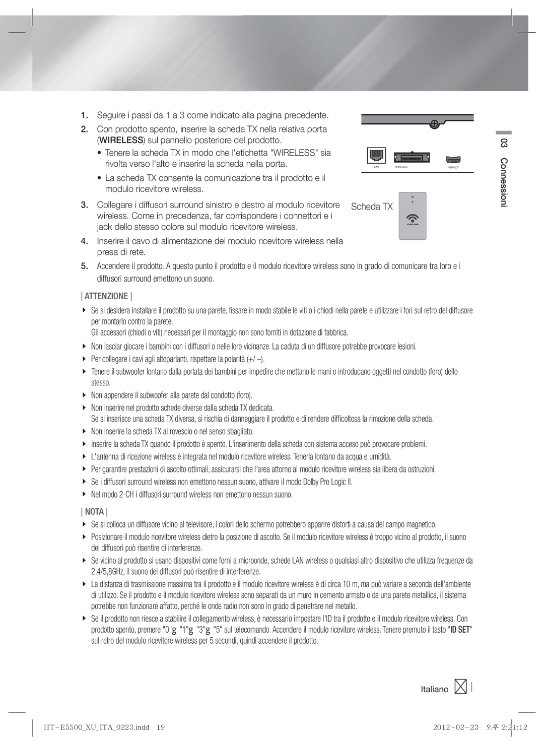 Samsung HT-E5550/ZF, HT-E5530/ZF, HT-E5500/ZF manual Scheda TX, Attenzione 