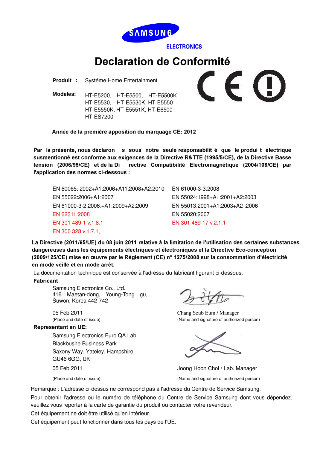 Samsung HT-E8200/ZF, HT-E5550/ZF manual Declaration de Conformité, Produit Modeles, Fabricant, Representant en UE 