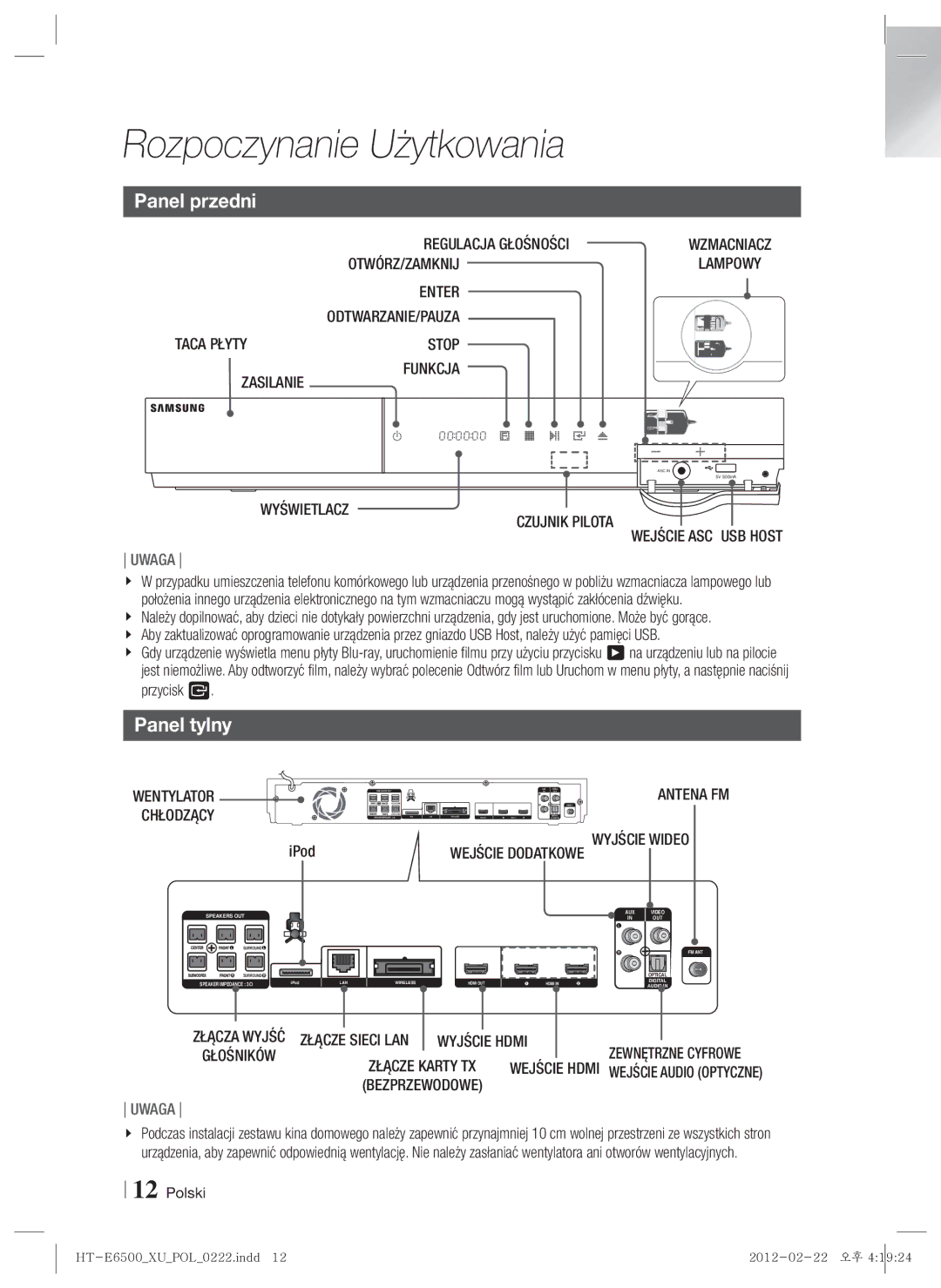 Samsung HT-E6500/EN manual Panel przedni, Panel tylny 