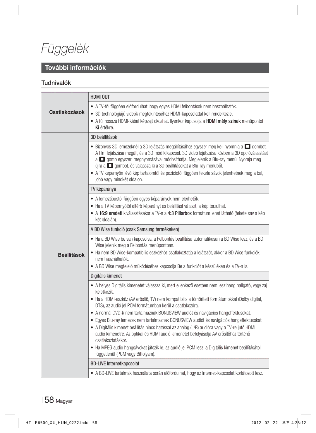 Samsung HT-E6500/EN manual Függelék, További információk, Tudnivalók, Hdmi OUT 