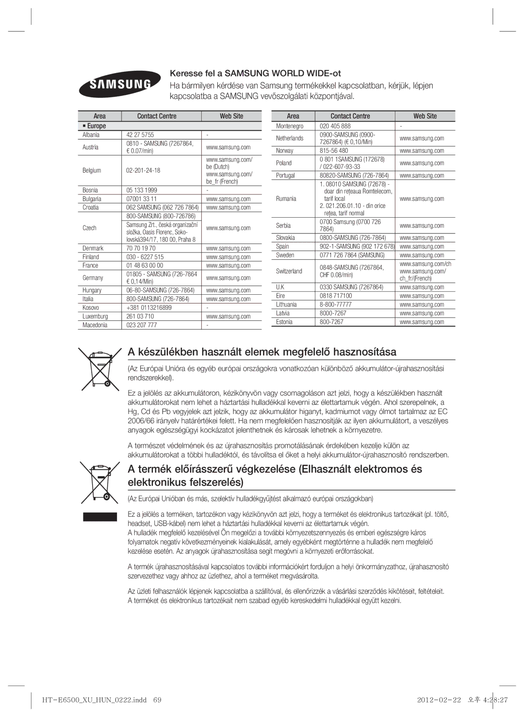 Samsung HT-E6500/EN manual Készülékben használt elemek megfelelő hasznosítása, Keresse fel a Samsung World WIDE-ot 