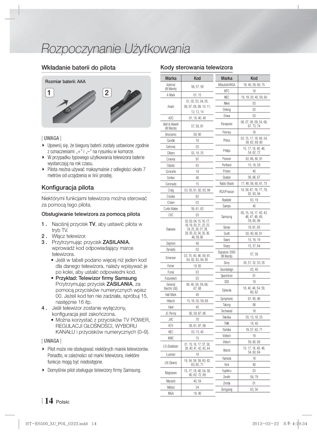 Samsung HT-E6500/EN manual Wkładanie baterii do pilota, Konfiguracja pilota, Kody sterowania telewizora 