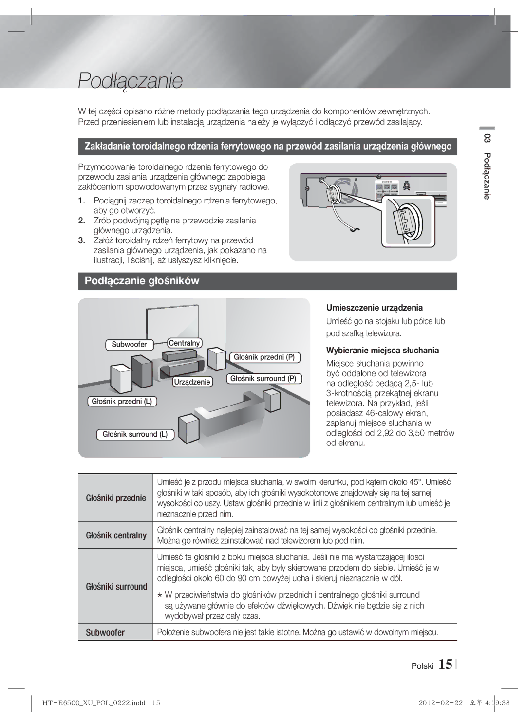 Samsung HT-E6500/EN manual Podłączanie głośników, Umieszczenie urządzenia, Wybieranie miejsca słuchania 