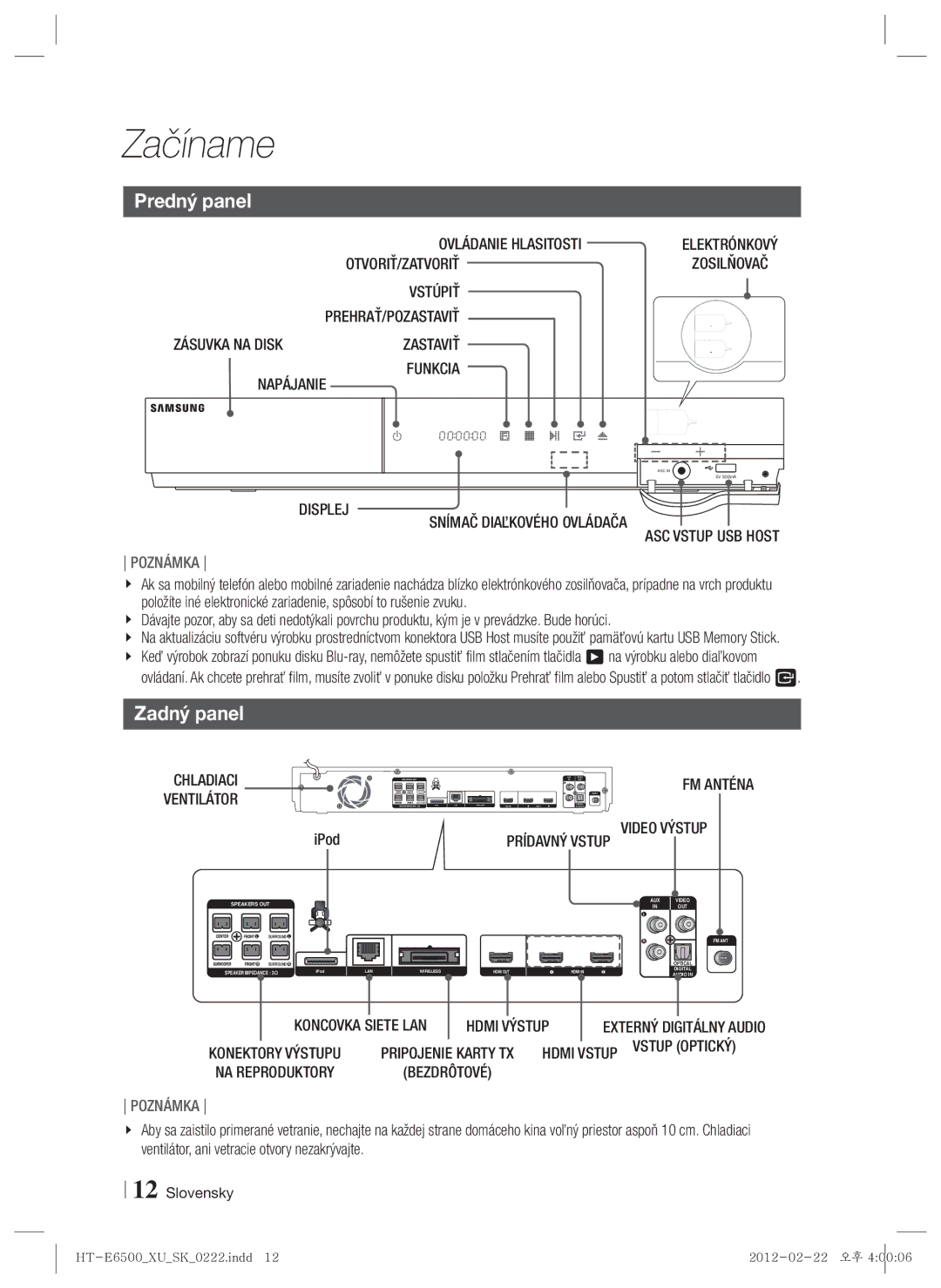 Samsung HT-E6500/EN manual Predný panel, Zadný panel 