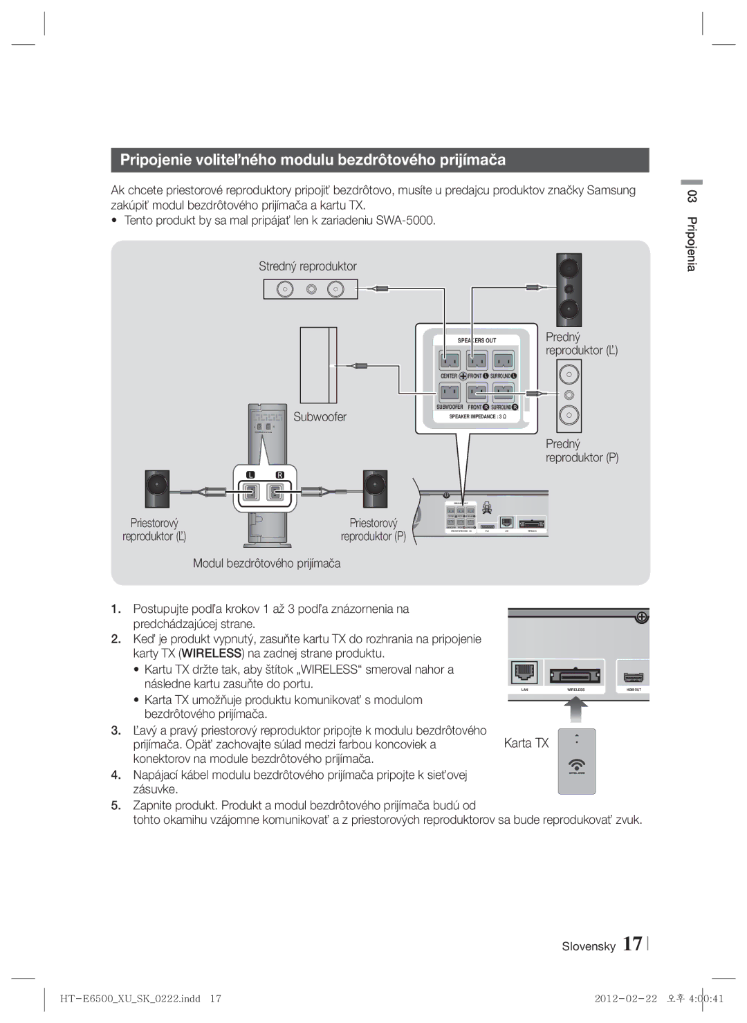 Samsung HT-E6500/EN manual Pripojenie voliteľného modulu bezdrôtového prijímača, Predný reproduktor P 