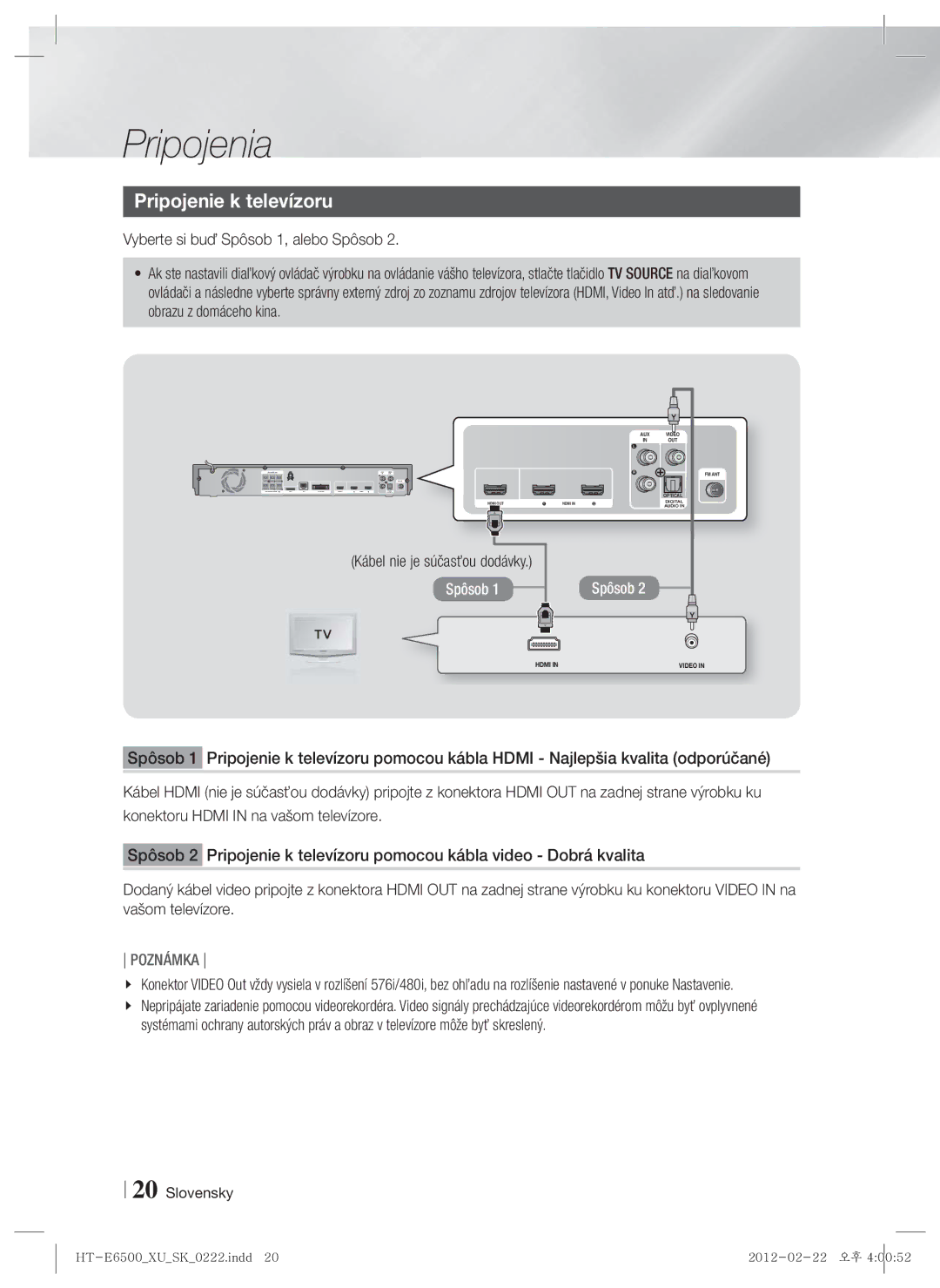 Samsung HT-E6500/EN manual Pripojenie k televízoru, Vyberte si buď Spôsob 1, alebo Spôsob, Kábel nie je súčasťou dodávky 