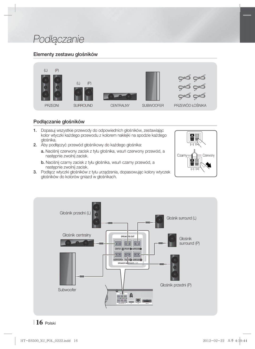 Samsung HT-E6500/EN manual Elementy zestawu głośników, Podłączanie głośników, Następnie zwolnij zacisk, Głośnik surround L 