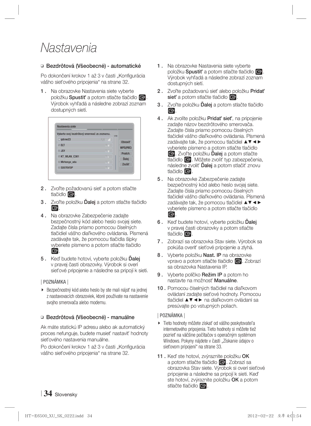 Samsung HT-E6500/EN manual Bezdrôtová Všeobecné automatické, Bezdrôtová Všeobecné manuálne 