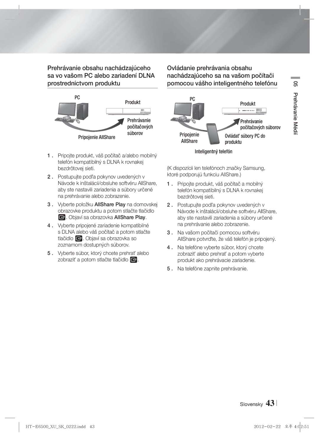 Samsung HT-E6500/EN manual Prostredníctvom produktu, Pomocou vášho inteligentného telefónu 