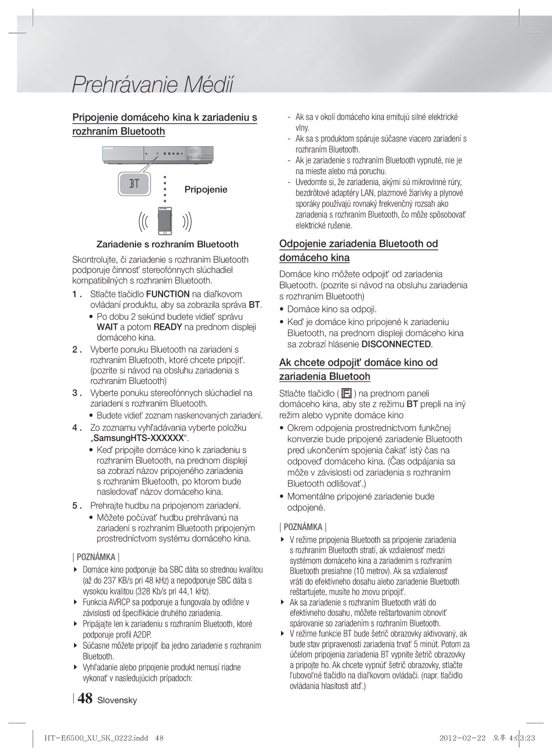 Samsung HT-E6500/EN manual Pripojenie domáceho kina k zariadeniu s rozhraním Bluetooth 