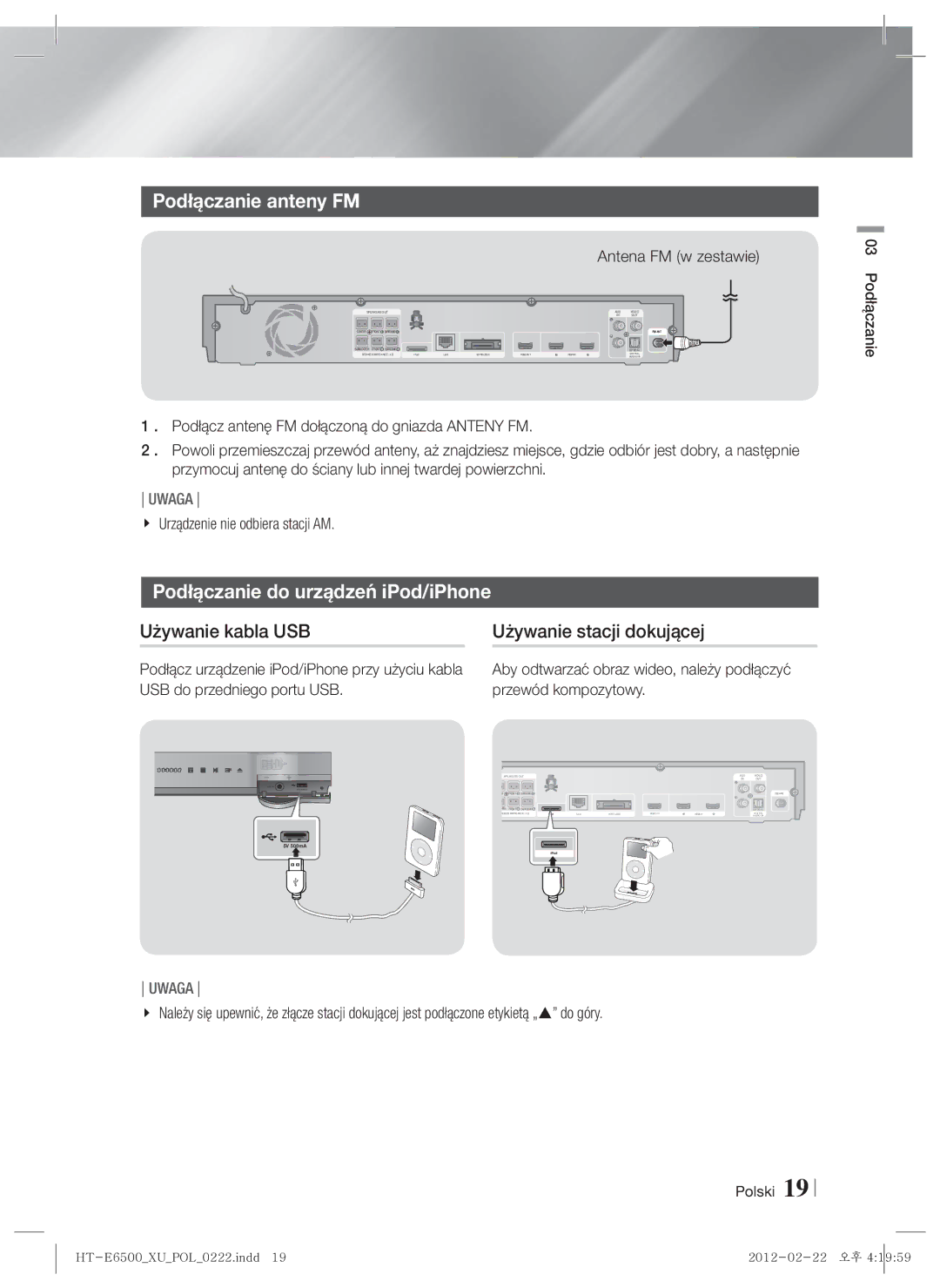 Samsung HT-E6500/EN manual Podłączanie anteny FM, Podłączanie do urządzeń iPod/iPhone 