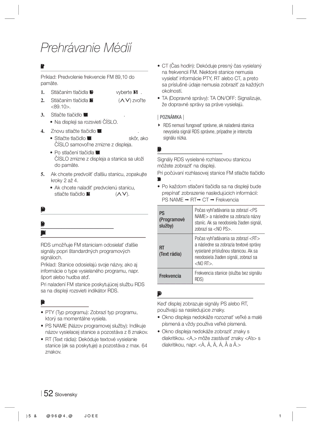 Samsung HT-E6500/EN manual Predvolenie staníc, Vysielaní RDS, Popis funkcie RDS, Zobrazenie signálov RDS 