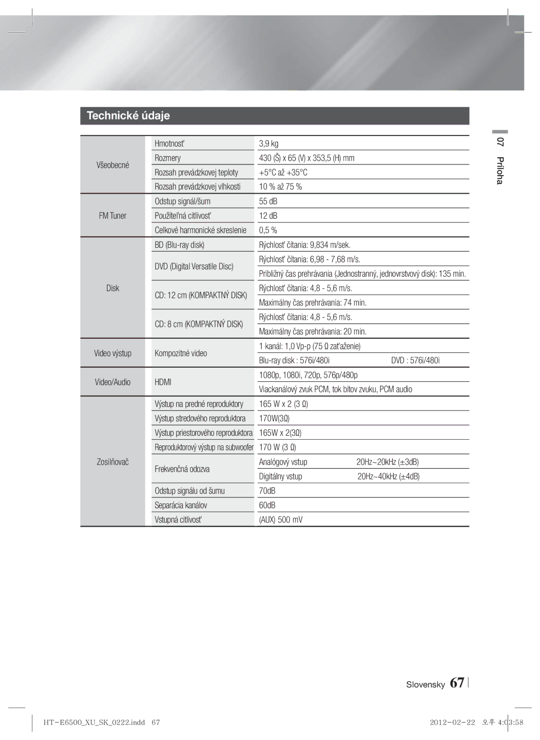 Samsung HT-E6500/EN manual Technické údaje 