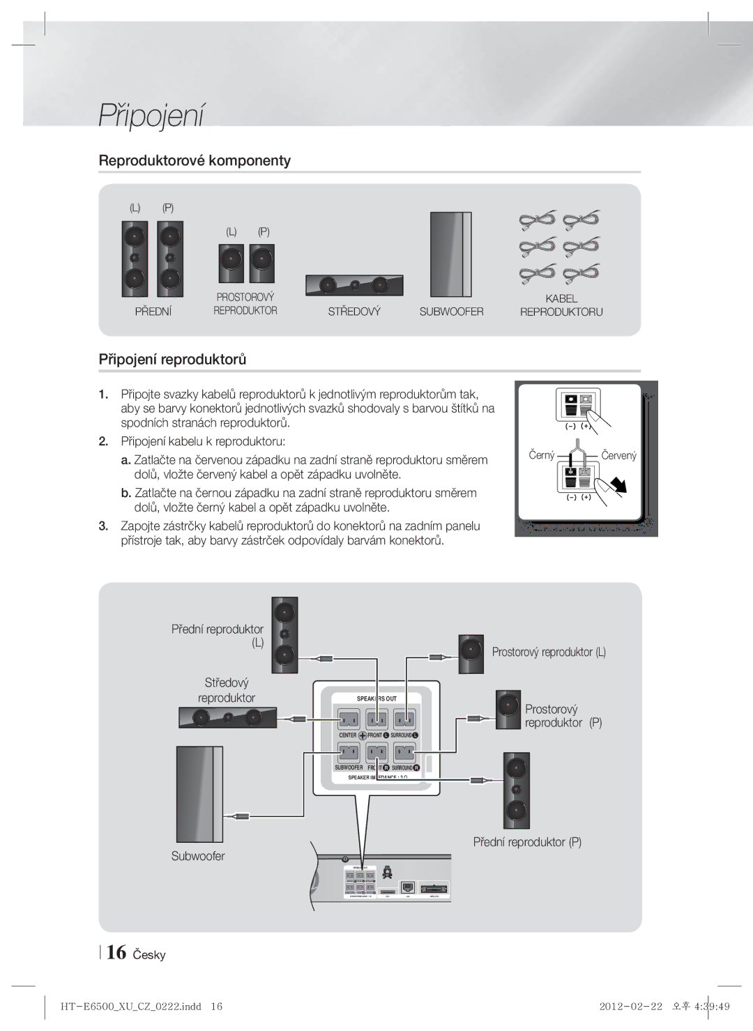 Samsung HT-E6500/EN Reproduktorové komponenty, Připojení reproduktorů, Přední reproduktor Středový Reproduktor Subwoofer 