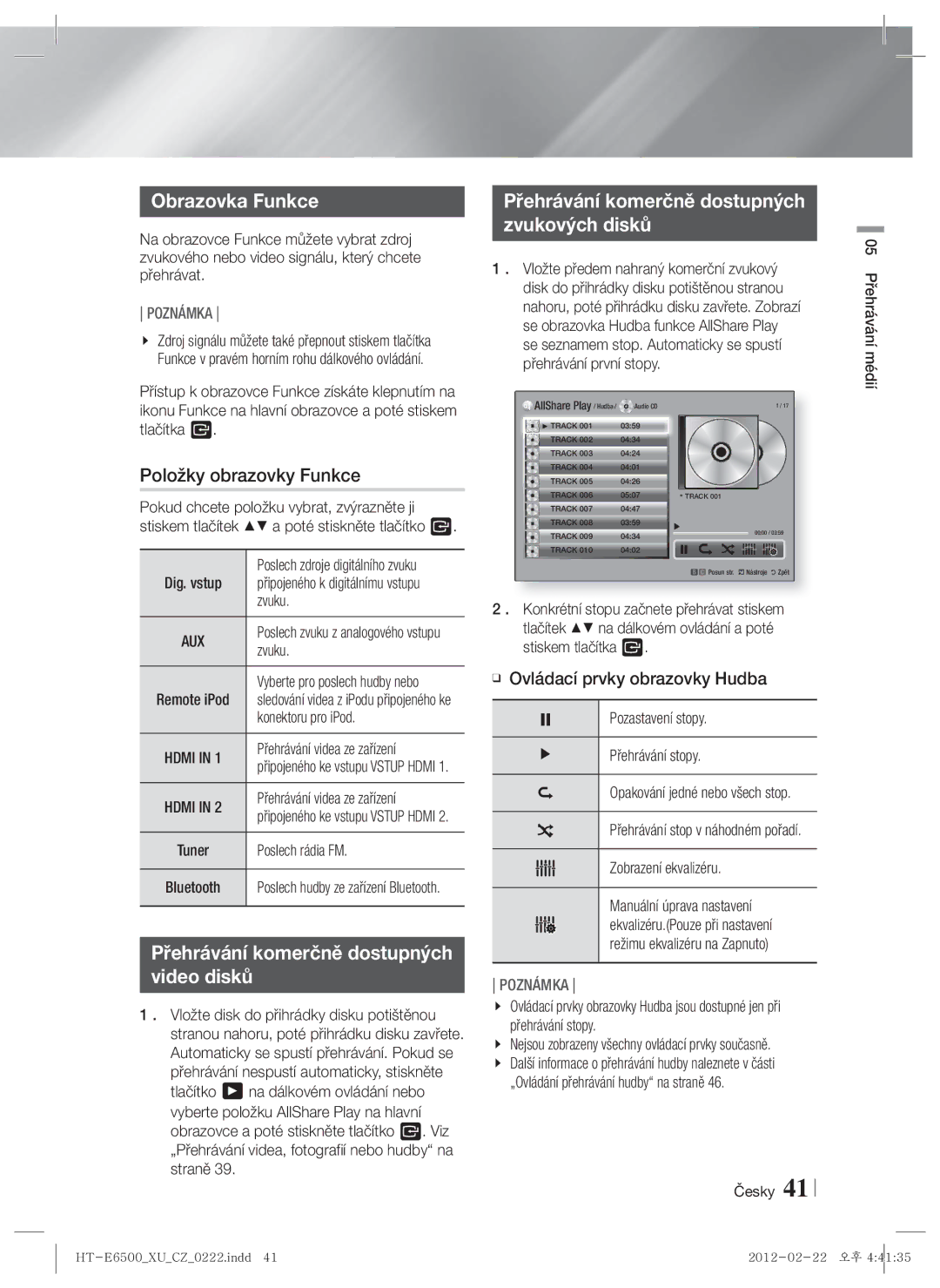 Samsung HT-E6500/EN manual Obrazovka Funkce, Položky obrazovky Funkce, Přehrávání komerčně dostupných Zvukových disků 