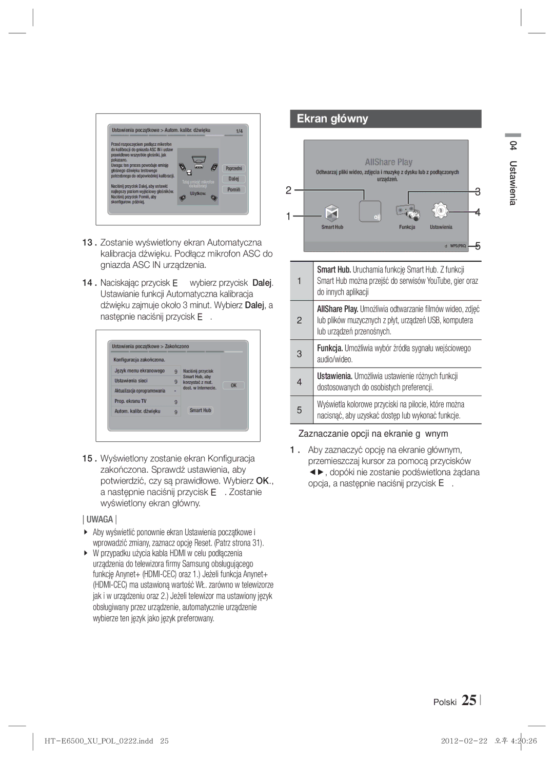 Samsung HT-E6500/EN manual Ekran główny,  Zaznaczanie opcji na ekranie głównym, Polski Ustawienia 