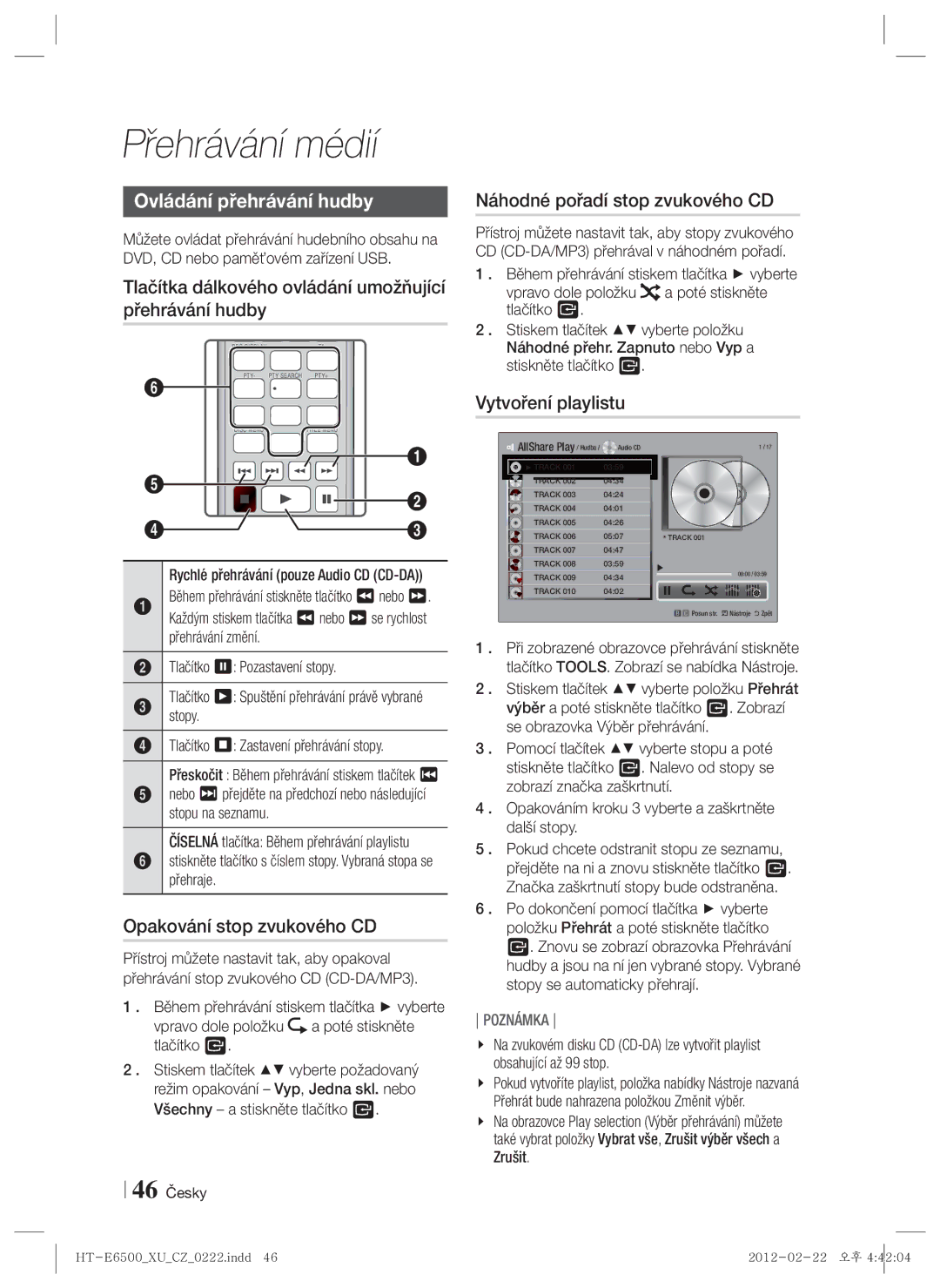 Samsung HT-E6500/EN manual Ovládání přehrávání hudby, Tlačítka dálkového ovládání umožňující přehrávání hudby 