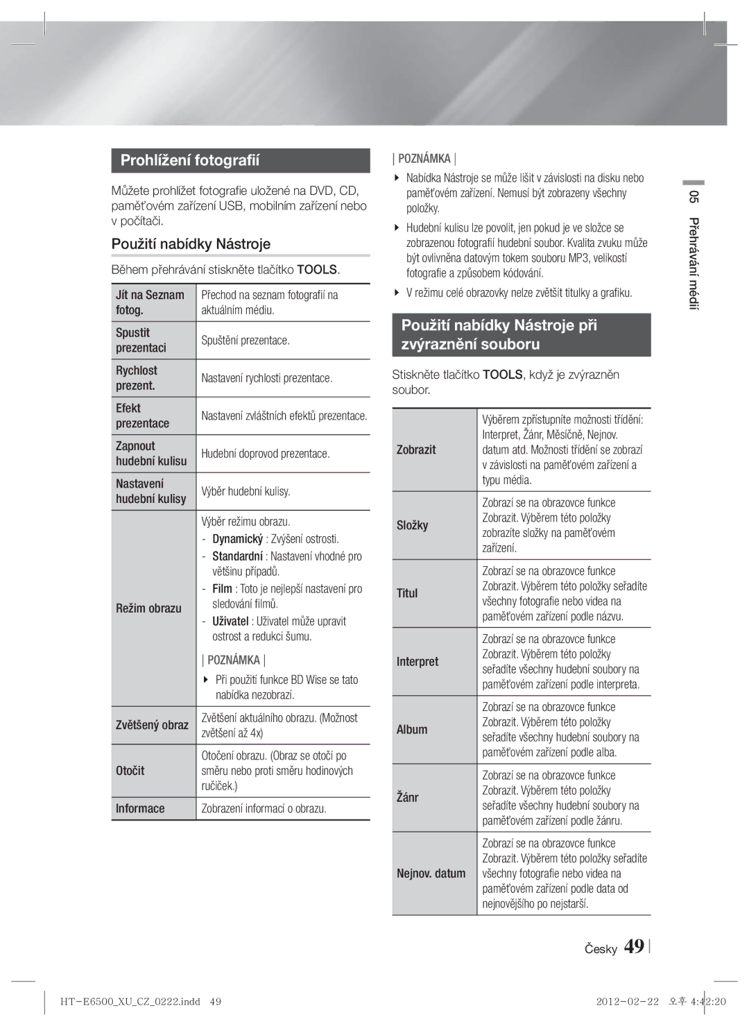 Samsung HT-E6500/EN manual Prohlížení fotografií, Použití nabídky Nástroje při Zvýraznění souboru 