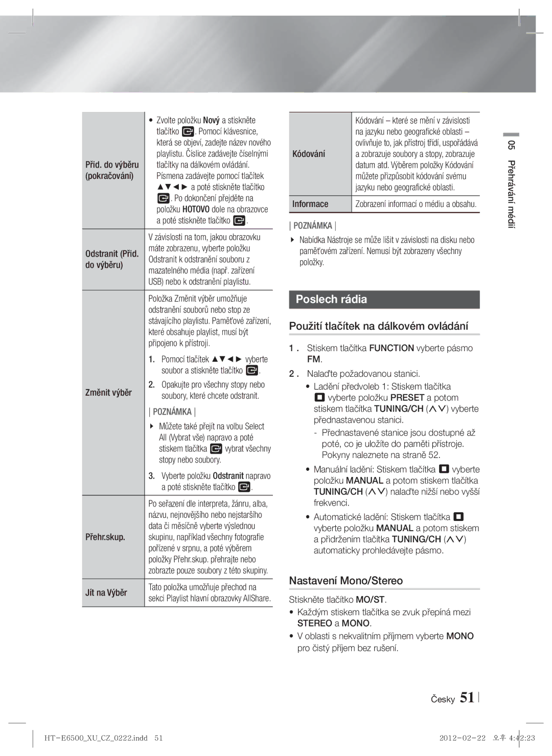 Samsung HT-E6500/EN manual Poslech rádia, Použití tlačítek na dálkovém ovládání, Nastavení Mono/Stereo 