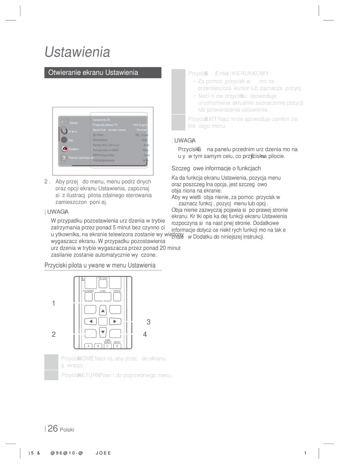 Samsung HT-E6500/EN manual Otwieranie ekranu Ustawienia 