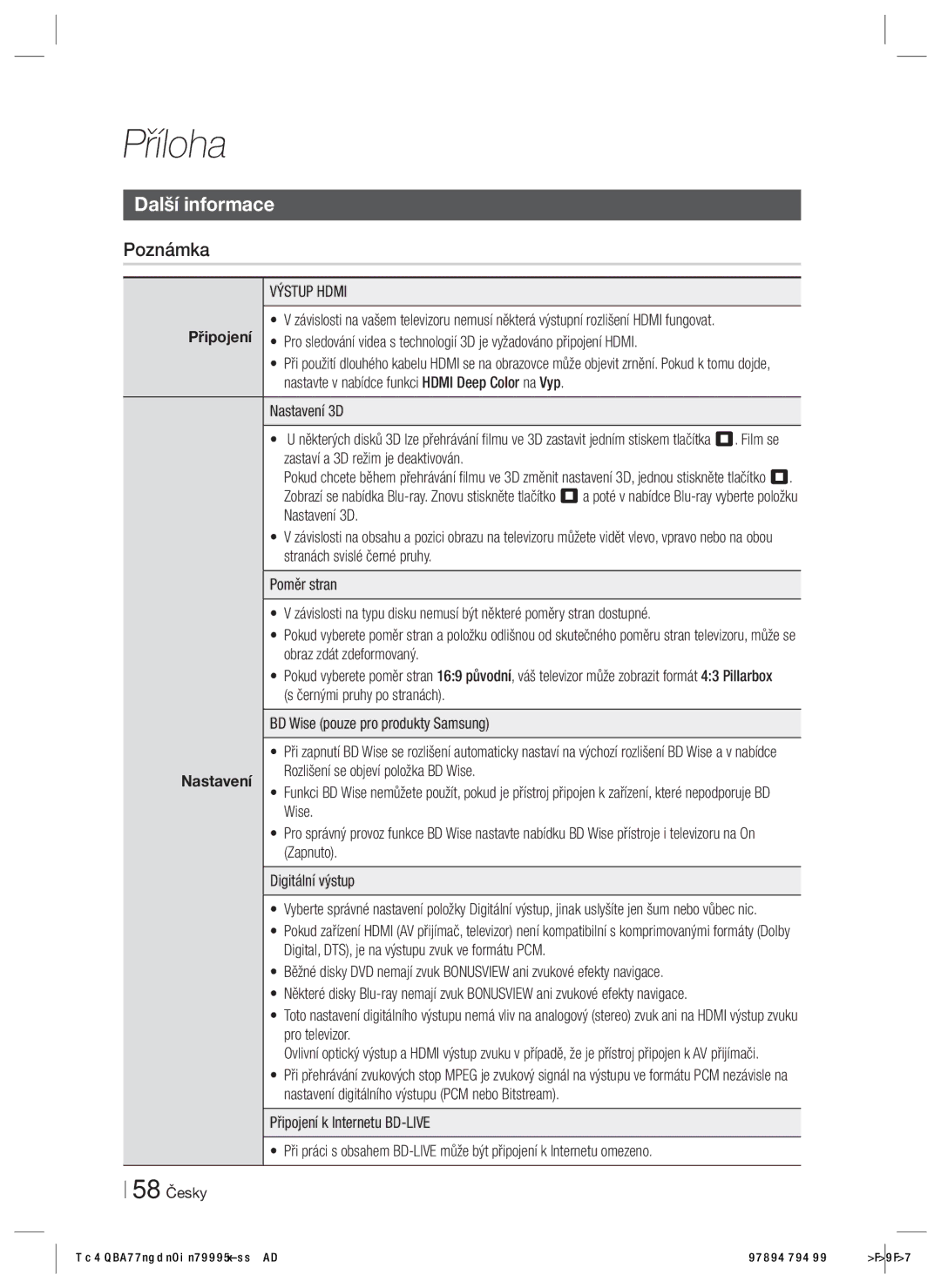 Samsung HT-E6500/EN manual Příloha, Další informace, Připojení, Nastavení 