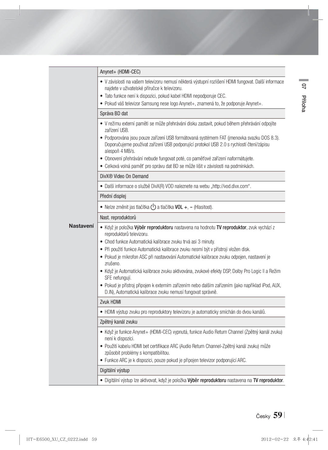 Samsung HT-E6500/EN manual Zvuk Hdmi, Česky 07 Příloha 