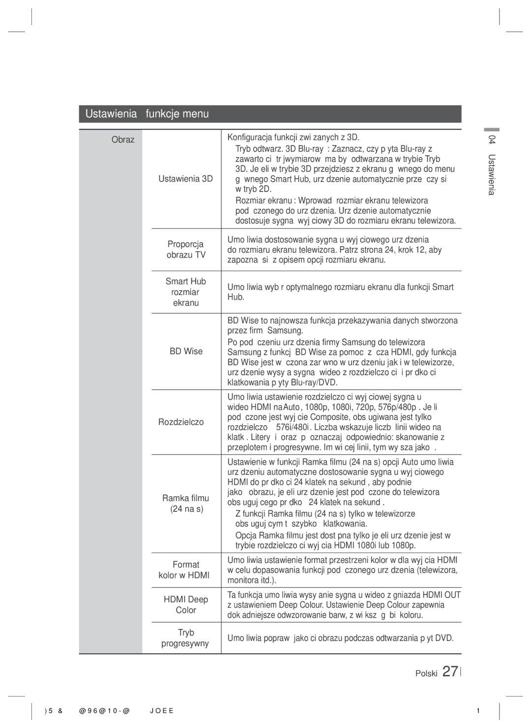 Samsung HT-E6500/EN manual Ustawienia funkcje menu, Obraz 